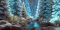 A stream runs through a snowy forest of evergreen trees night Royalty Free Stock Photo