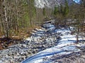 Stream of the Sava Bohinjka River just after the source of the Savica, Triglav National Park - Ukanc, Slovenia Royalty Free Stock Photo