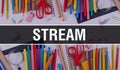 STREAM with School supplies on blackboard Background. STREAM text on blackboard with school items and elements. Back to School and
