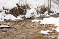 Stream in the snowy mountains. Mountain river. Carpathians. Ukraine. Selective focus Royalty Free Stock Photo