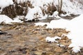 Stream in the snowy mountains. Mountain river. Carpathians. Ukraine. Selective focus Royalty Free Stock Photo