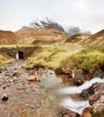 Stream and stony bridge in spring Higland mountains in Scotland. Snowy mountains in heavy clouds.