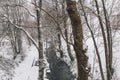 Stream surrounded by trees and roads covered in snow during storm Emma. Royalty Free Stock Photo