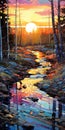 Vibrant Abstract Painting Of Rustic Creek At Sunset With Birch Trees