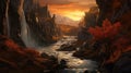 A stream with a unique view that illuminates the sunrise stretching in the canyon between two mountains. Created with Generative