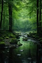 A stream of water flowing through a forested area with lots of trees, AI Royalty Free Stock Photo