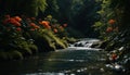 A stream of water flows through a lush green forest Royalty Free Stock Photo
