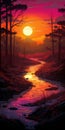 Vibrant Sunrise Over Stream: Epic Landscape Illustration