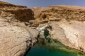 A stream of water in the rocky desert of Oman flowing in a canyon to the oasis of Wadi Bani Khalid - 1 Royalty Free Stock Photo