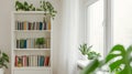 Streaming background of a bright, minimal home library featuring a white bookshelf Royalty Free Stock Photo