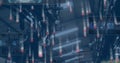 Streaming binary code over suspended conveyor hooks and rails at factory hall, showing HUD overlays Royalty Free Stock Photo