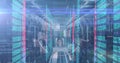 Streaming binary code streams on server racks, floating headshot icons, circular HUD in data center Royalty Free Stock Photo