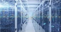 Streaming binary data floating through data center corridor, with LED status lights on server racks Royalty Free Stock Photo