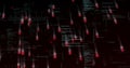 Streaming binary digits, green code fragments and syntax elements in code matrix with red squares Royalty Free Stock Photo