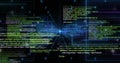 Streaming centered code band across virtual network, showing glowing nodes and numeric panels Royalty Free Stock Photo