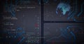 Streaming code and binary digits across central UI panel on software dashboard, with circuit traces Royalty Free Stock Photo