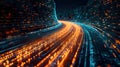 Streaming data, binary data moving on a digital road.Generative AI Royalty Free Stock Photo