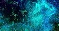 Streaming digital particles swirling across virtual space, with glowing grid and light streaks Royalty Free Stock Photo