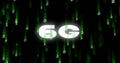 Streaming green binary digits cascading across virtual network background, with glowing 6G label Royalty Free Stock Photo