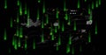 Streaming neon green binary digits cascading over network, with white circuits and orange nodes Royalty Free Stock Photo