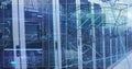Streaming server racks projecting holographic overlays in data center aisle, with network switches Royalty Free Stock Photo