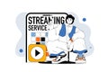 Streaming service outline web modern concept in flat line design. Man watching video or cinema and using online content stream app