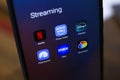 The streaming services Netflix, Amazon Prime Video, Disney Plus, Paramount Plus, Max and Discovery Plus app soon appears on the Royalty Free Stock Photo