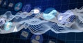 Streaming white-blue data wave above grid with honeycomb overlay, floating icons on virtual network Royalty Free Stock Photo