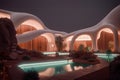 A streamline buildings with cave shape, pools and aquatic plant, warm lights, and reddish brown buildings,Interior design