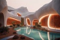 A streamline buildings with cave shape, pools and aquatic plant, warm lights, and reddish brown buildings,Interior design