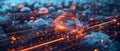 Streamlined business process flowchart with tech elements like servers and clouds