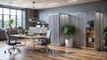 Streamlined Gray Office Design A Modern Workspace Featuring a Folding Screen Laminate Flooring and Professional Royalty Free Stock Photo