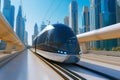 Streamlined Hyperloop Tram, Urban Innovation & Blue Sky Cityscapes