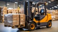 Streamlined Logistics, Bright Warehouse with Forklift Moving Boxes, Generative AI