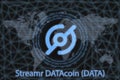 Streamr DATAcoin DATA Abstract Cryptocurrency. With a dark background and a world map. Graphic concept for your design Royalty Free Stock Photo
