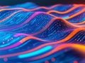 Streams of binary code and data visualizations flowing through a digital network grid