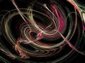 Streams of colorful flowing curves arranged diagonally on a black background. Abstract fractal background. 3d rendering. 3d