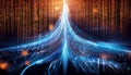 Streams of glowing blue data flow against a backdrop of orange binary code, visualizing digital information and technology