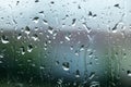 Streams of raindrops on window glass