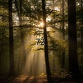 Streams through tall trees in a serene forest, casting rays and creating Royalty Free Stock Photo