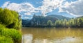 Strecno Castle, landscape with ruins of a castle on a rock above the river, Slovakia Royalty Free Stock Photo