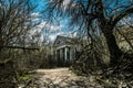 Street of the abandoned ghost town Pripyat. Overgrown trees and collapsing houses in the exclusion zone of the Chernobyl nuclear d