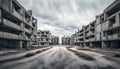 street of abandoned concrete brutalist buildings complex in a desolate landscape