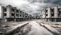 street of abandoned ruined concrete brutalist buildings complex in a desolate landscape