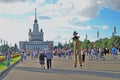 Street actors pose for photos in Moscow. VDNH general view.