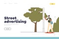 Street advertising concept of landing page with girl promoter, gluing promotional banners on pillars