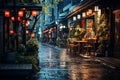 Street in the Alley of Tokyo After Rain at Night with Chinese Style Shop
