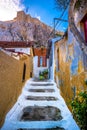 Street of Anafiotika in the old town of Athens, Greece. Anafiotika is district built by workers from the island Anafi. Royalty Free Stock Photo