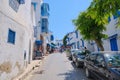 Street with arabic windows and doors with blue ornaments, Sidi Bou Said, Tunisia, Africa. June 18 2019