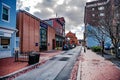 street architecture of the old American town of Cumberland. Colored brick houses and pavements